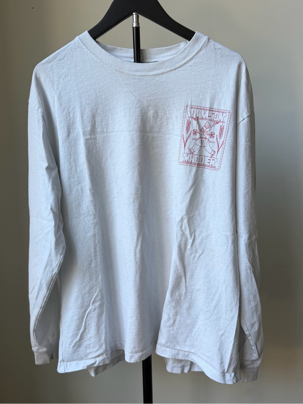 White Long-Sleeve Women’s Graphic Tee with Pink Chest Print